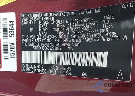 2013 Toyota Sienna Le V6 8 Passenger from USA, damaged, VIN 5TDKK3DC6DS281023